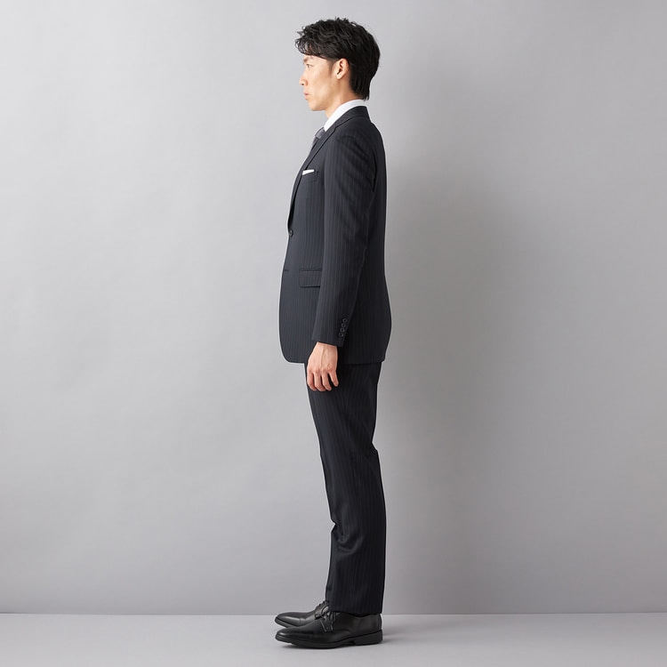 洗える ストレッチ 2パンツスーツ 紺ストライプ LES MUES ブリティッシ