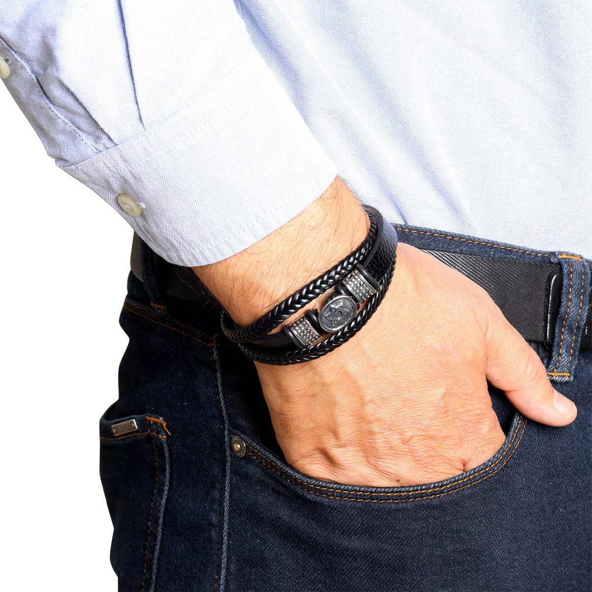 Men's Star of David Black Leather Bracelet with Magnetic Clasp
