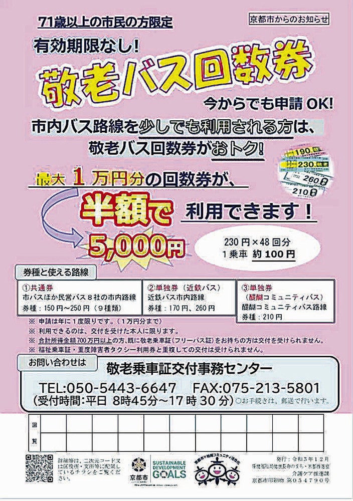 京都市の「敬老バス回数券」、交付率6％と低迷…12種類・制度の複雑