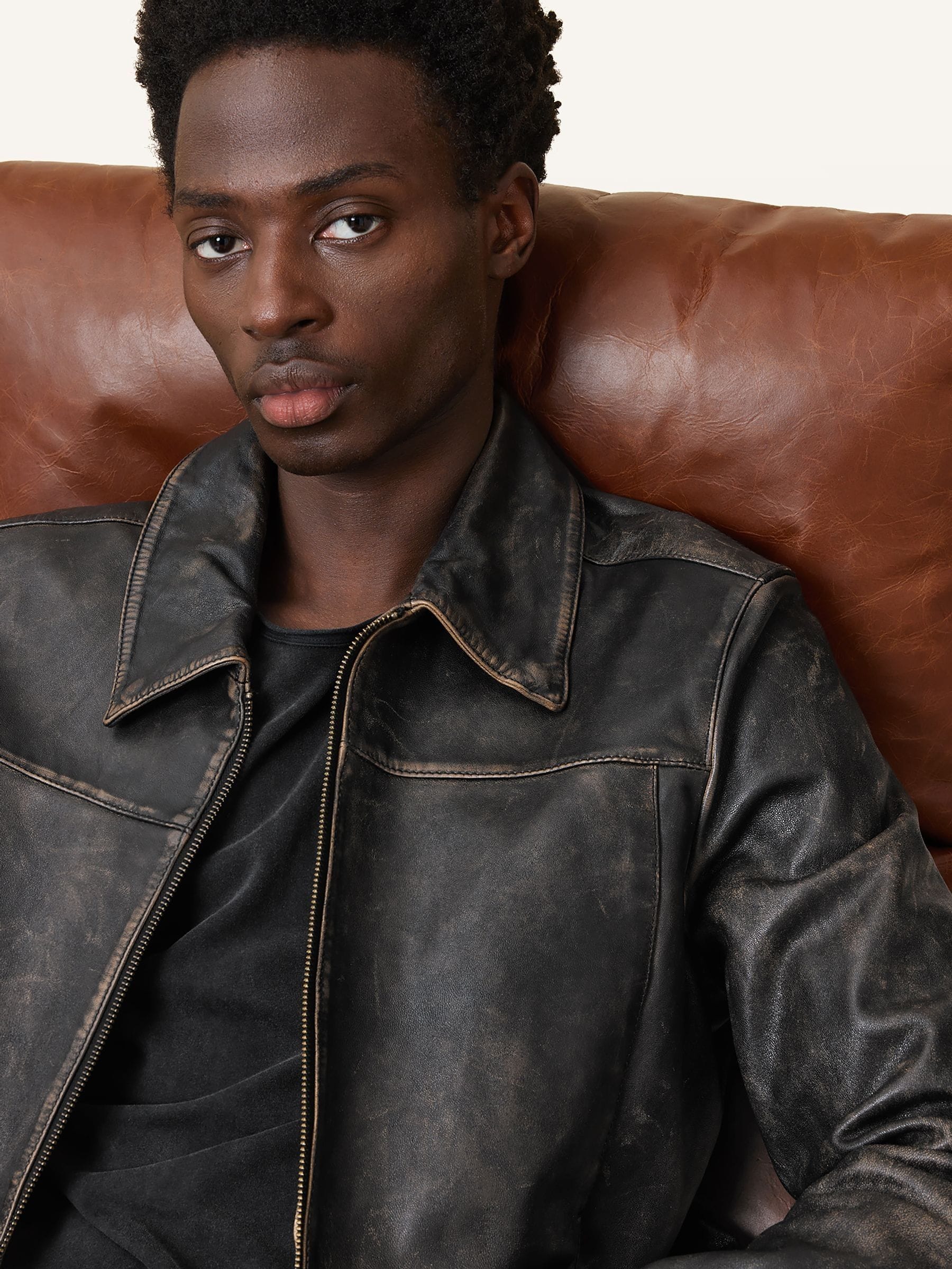 Buy AllSaints Black Alkan Black Collared Zip Up Two Tone Leather