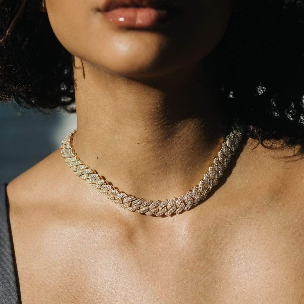 18kgp Iced Out Prong Chain Necklace 【14mm / GOLD】 | Glitter