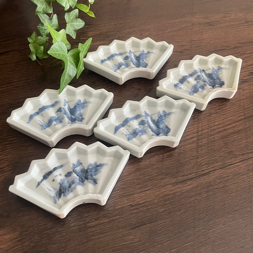 お得＞伊万里染付扇型豆皿5枚 江戸幕末期 薬味皿・豆皿 antique art