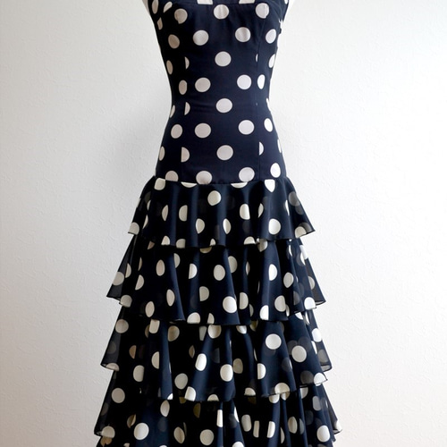 フラメンコ衣装 シフォンジョーゼット 紺地白水玉（I-1) 一点物 その他