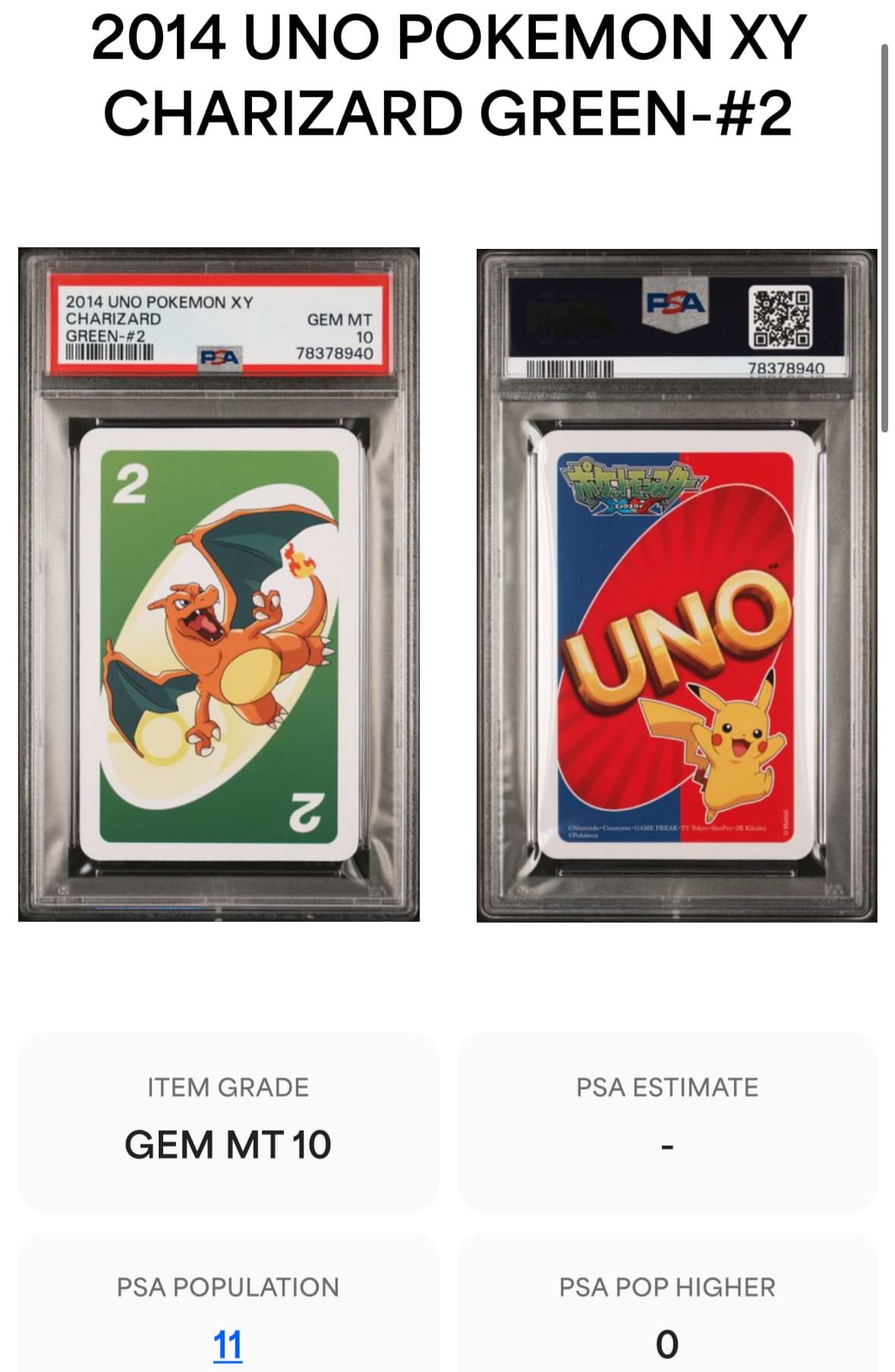 Looking for info: 2014 UNO Pokémon XY Charizard Green #2 (PSA 10