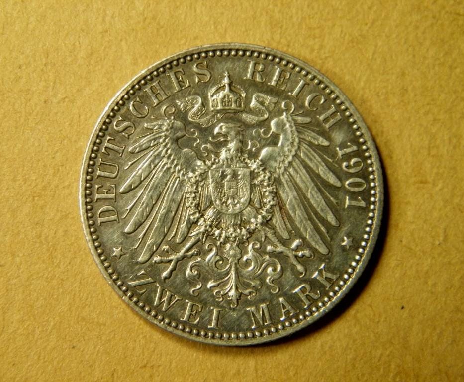 ヴィンテージ プロイセンコイン – 2マルク 1901年 – ドイツ帝国銀貨