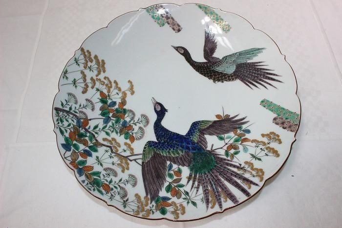 K-1869九谷焼色染付花鳥文尺飾皿 名工三代上出喜山作 - 石川県金沢の