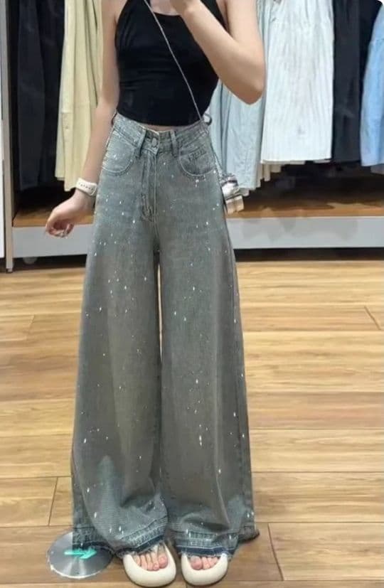 【完売品・激レア】1618 韓国Y2K ストーン付きルーズデニム Mサイズ デニム ジーンズ ストレート 可愛い Y2K 平成 韓国風 韓国アイドル