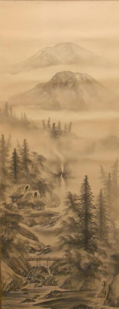 掛け軸 渓舟 水墨山水 絹本 希少 軸装 茶道具 掛軸 です。