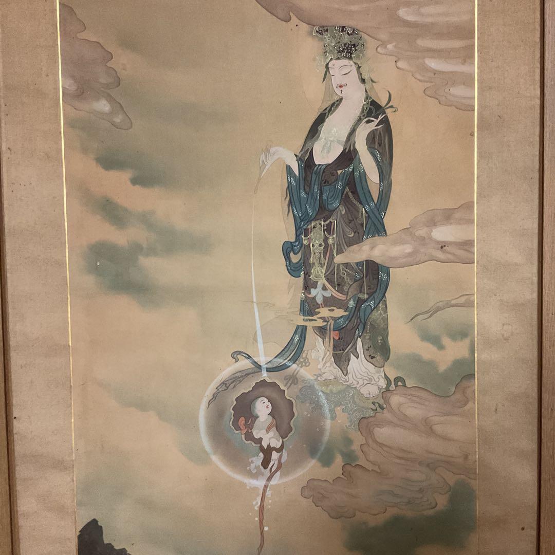 狩野芳崖 絹本彩色画 【 悲母観音図 】 未鑑定品。肉筆画 模写。落款印譜在