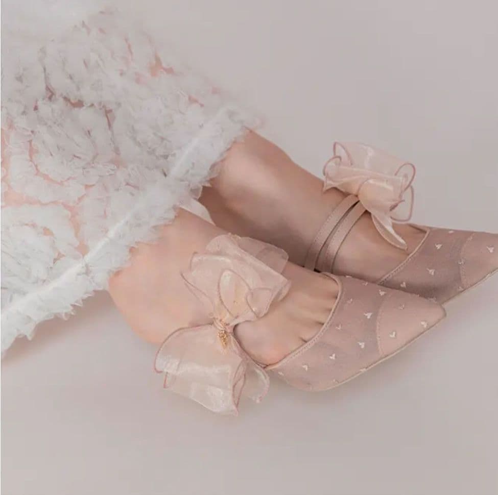 箱あり RANDA シフォンリボンハートパンプスピンクLL(24.5) ランダ RANDA 【HEART COLLECTION】シフォンリボンハートミュール