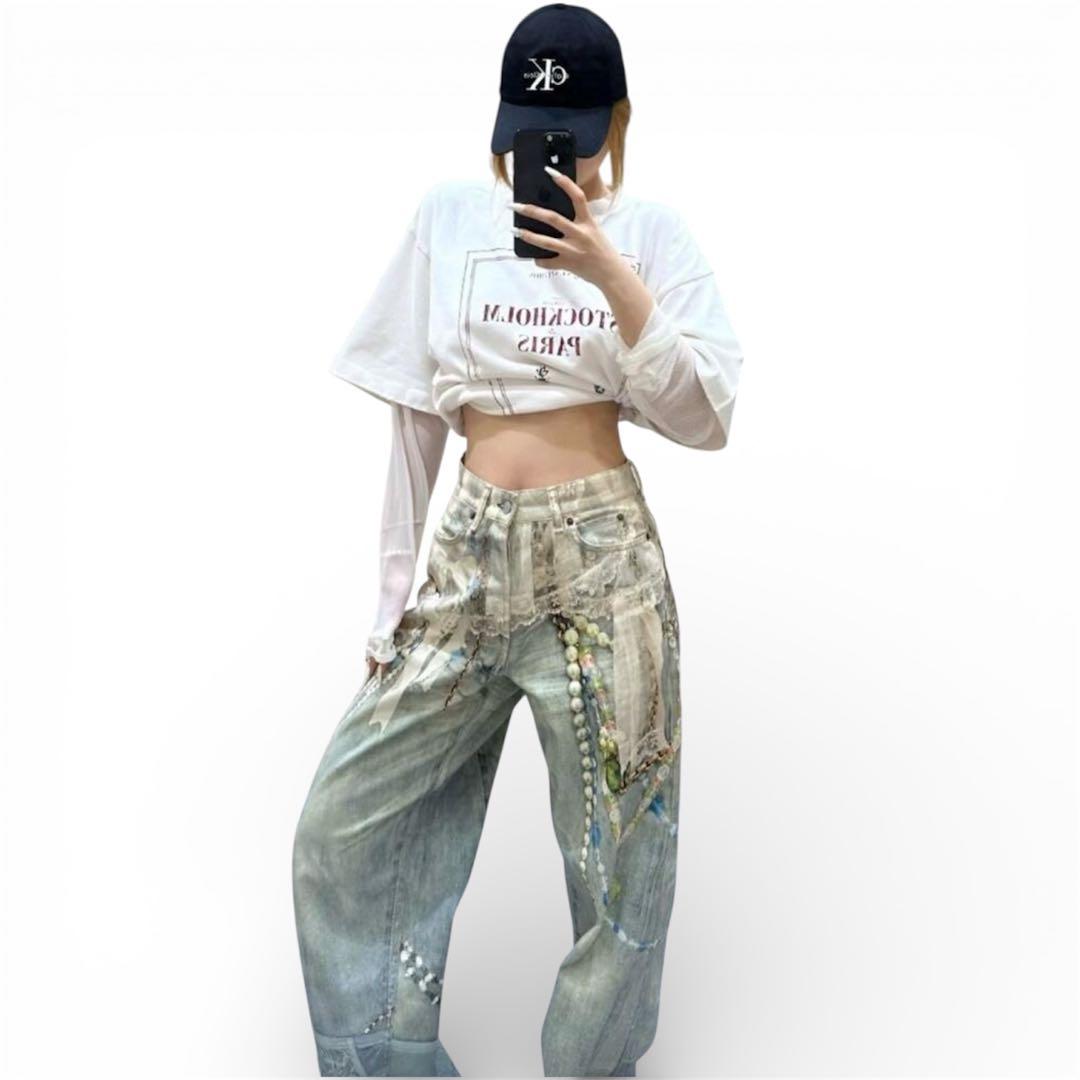 新品　 レースプリントワイドバギーパンツ　デニム　 2XL Cross charm official store | バギー デニム スーパー ワイド パンツ