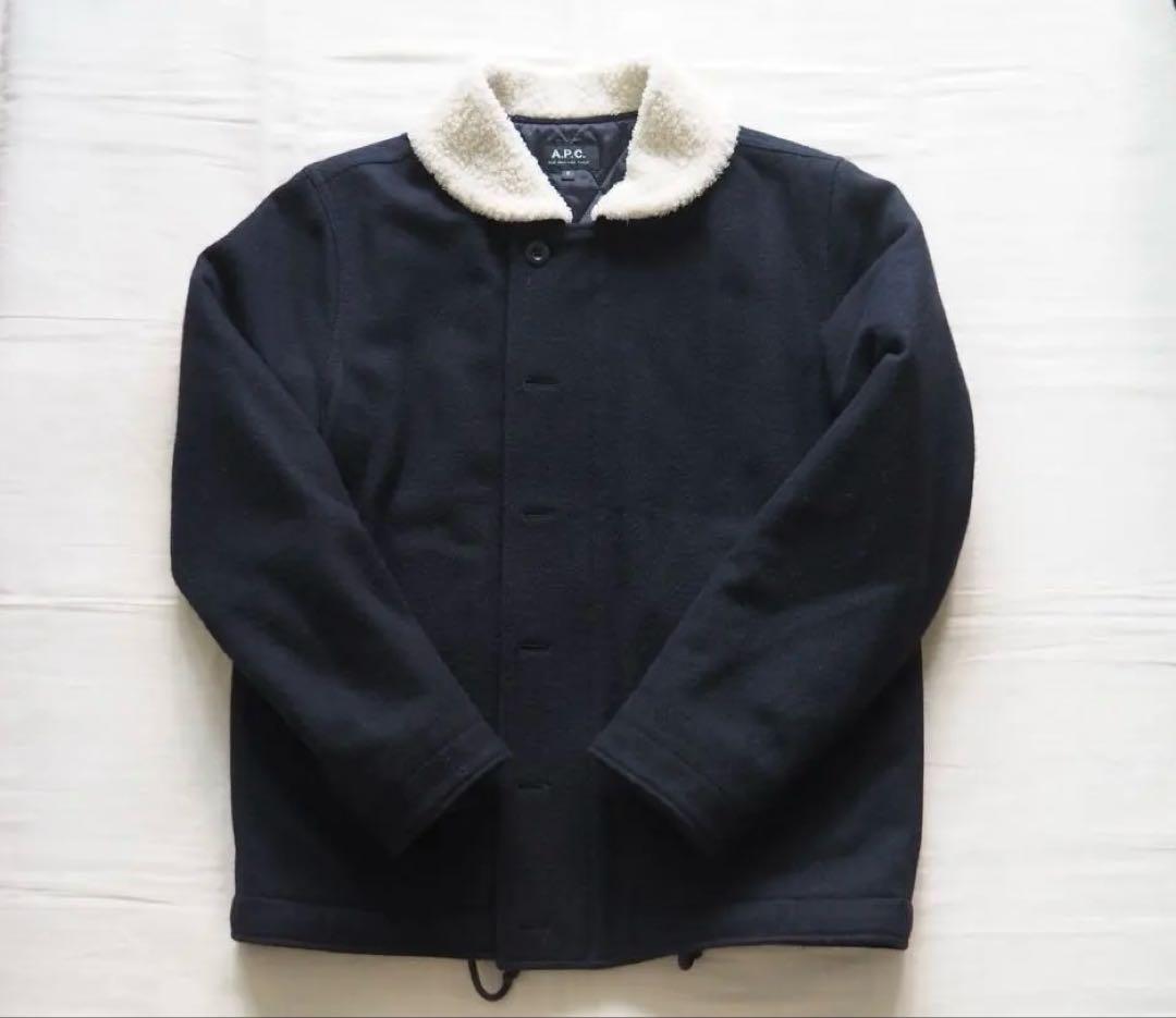 A.P.C. ネイビー ウールボア襟ジャケット 最終値下げ A P C ボア 襟 コート 襟取り外し可 ウール ネイビー