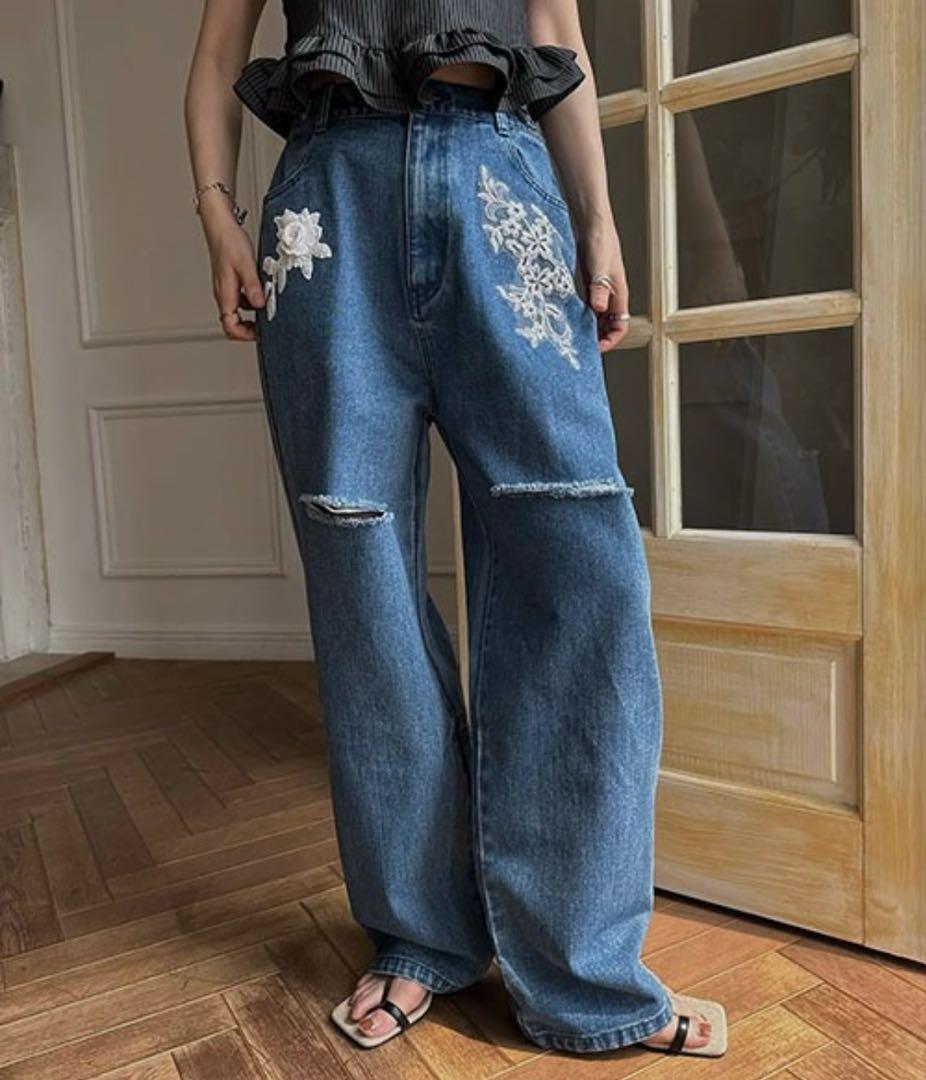 現行品✨️willfully レース 刺繍 ダメージ加工 ストレート デニム M
