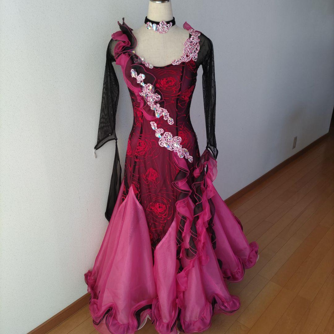 社交ダンスドレス 黒とピンク フリル 試着・レンタル・購入】社交ダンスドレス Mサイズ ベビーピンク