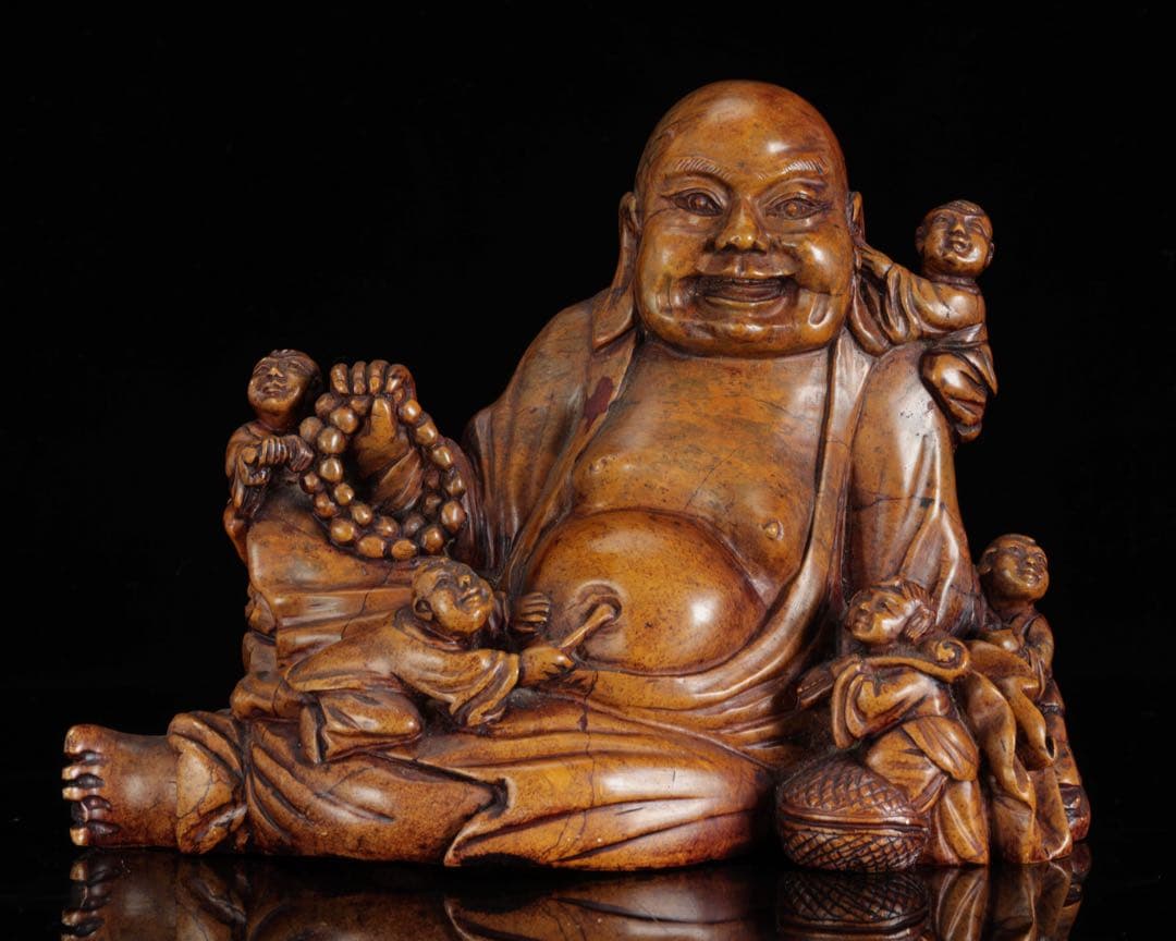 石彫 布袋尊 童子戯れ 置物 高さ21cm 七福神 縁起物 仏像 古美術 骨董品 石彫 布袋尊 童子戯れ 置物 高さ21cm 七福神 縁起物 仏像 古美術 骨董品